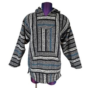 Vintage 90s Baja Joe Striped Baja Blanket Hoodie Drug Rug Size Medium Unisex‎